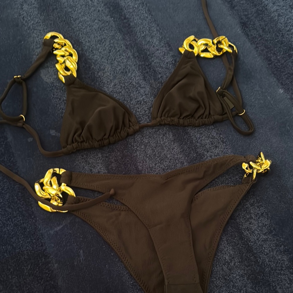 Brown Bikini with Gold Chain Accents
